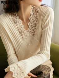 Spring Loose Lace V-neck Sweater Women Casual Elegant Beaded Knit Tops Korean Long Sleeve Knitwear Jumper Chic Bottomed Pullover