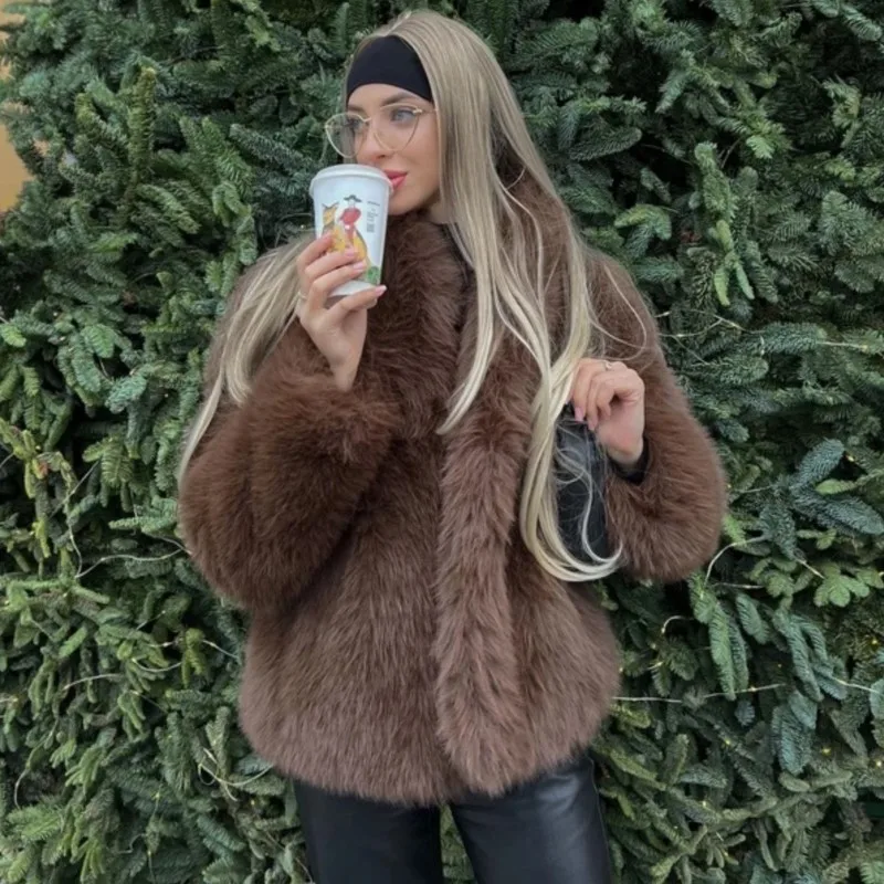 

2026 Streetwear Faux Coat Women Thick Warm Autumn Winter Plush Fur Overcoat High-Quality Stand Collar Fox Fur Jacket Outerwear