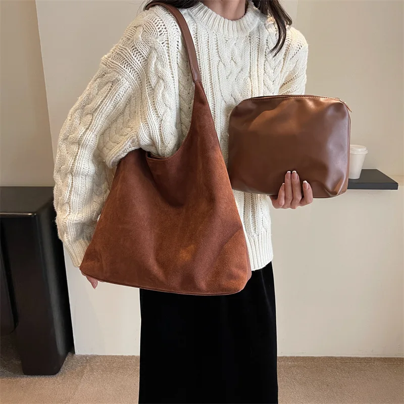 Vintage Faux Suede Shoulder Bag with Matching Leather Makeup Pouch, Large Capacity Tote Bag for Women Daily Casual Commuter