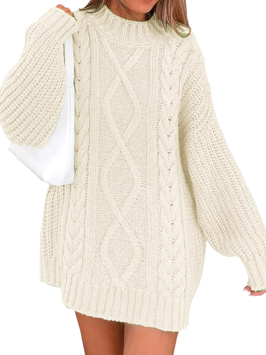 

Women Oversized Cable Knit Sweater Dress Long Sleeve Crewneck Chunky Drees Slim Fit Pullover Knitted Tops Fall