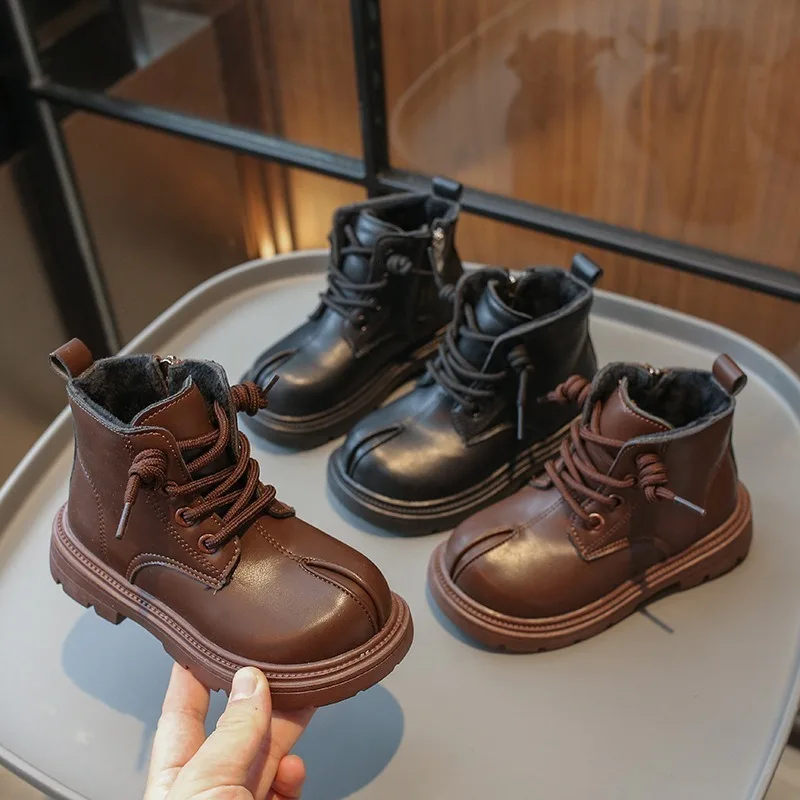 

Girl Shoe 2025 Autumn/Winter British Kid Leather Boot Fashion Plush Boy Shoe Women Ankle Boot Brand Girl Boots Botas Para Niña