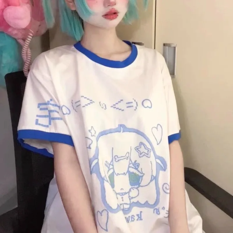 White Cartoon Short-sleeved T-shirt Cute Women's Y2k Cosplay Subculture Summer 2024 Top Japanese Harajuku Anime Print Tees