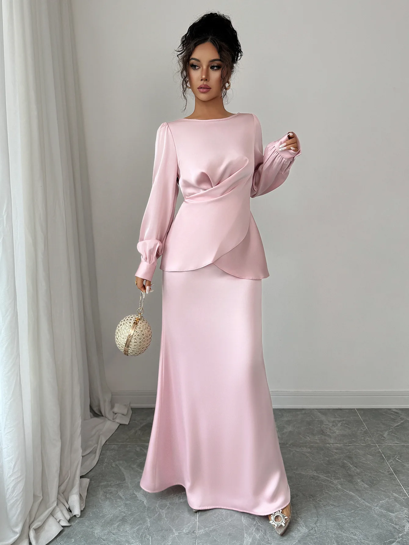 

Women's Pink Satin Maxi Dress Long Puff Sleeve Twist Front Overlap Waist Mermaid Hem Formal Evening Party Wedding Guest Gown