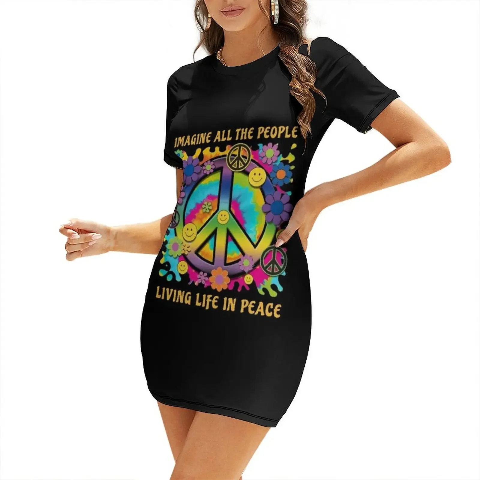 

Imagine All The People Living Life In Peace Hippie Tie Dye Short-Sleeved Dress elegant party dress for women 2026 summer clothes