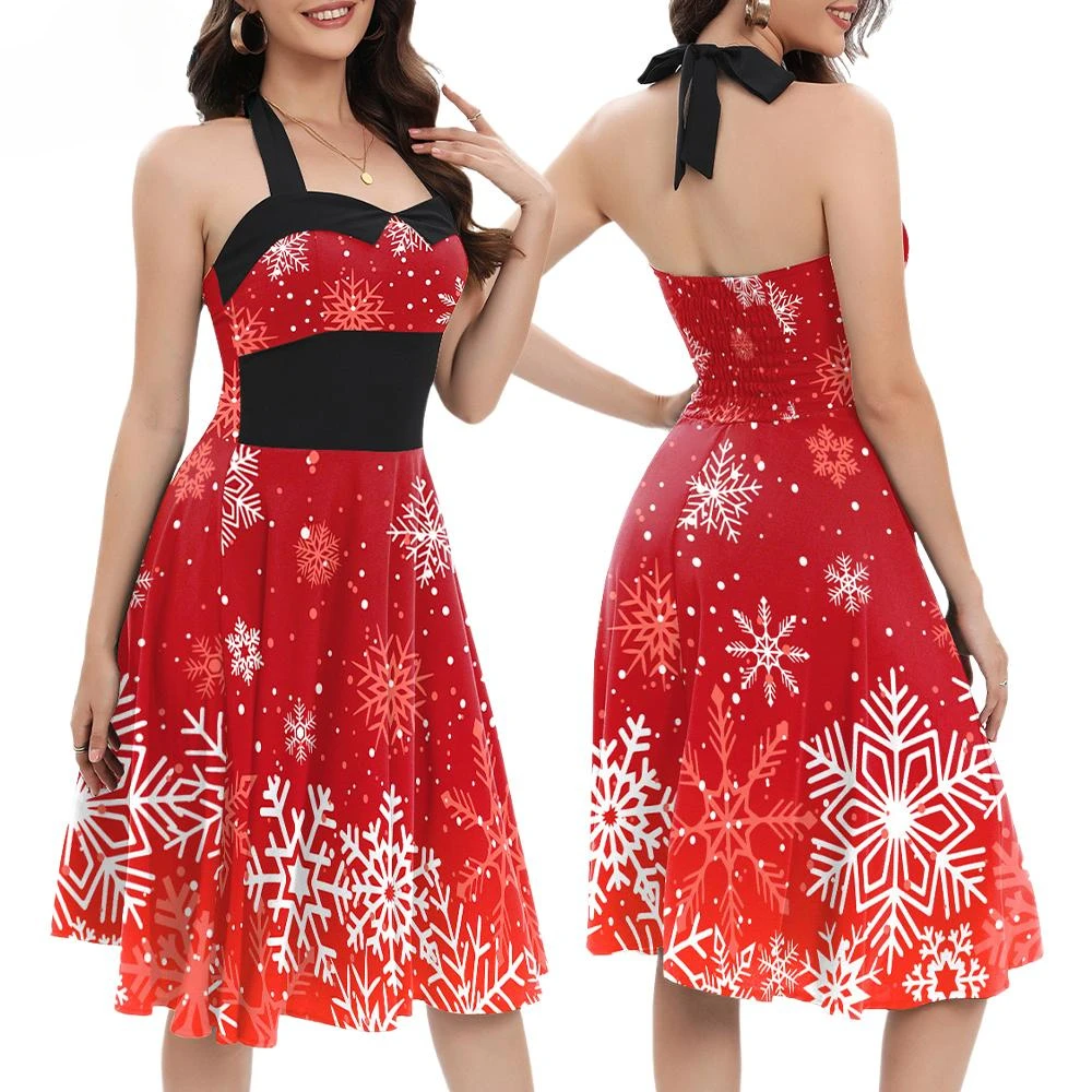 Snowflake Women Dresses Merry Christmas Red Party Dress Halterneck Sleeveless Festival Outfit Ladies Xmas Costume Dresses