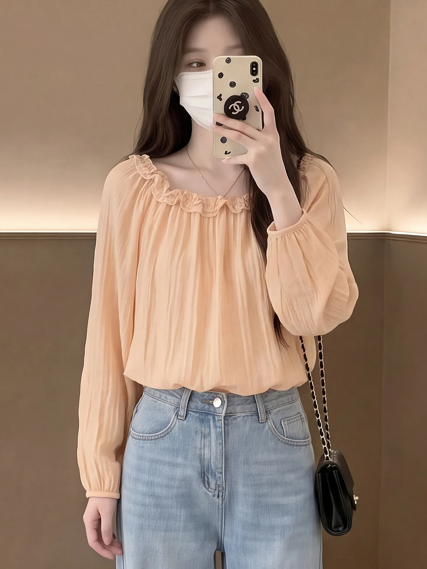 Sweet Lady Style Pink Lace Collar Bubble Sleeve Shirt Women's Early Autumn Loose Sun Protection Long Sleeve Top Korean Version