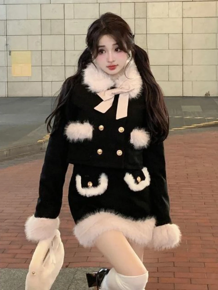 2023 Winter Kawaii Faux Fur Clothing Suit Woman Warm Elegant Coat + Slim Y2k Mini Skirt Outwear Korean Fashion Sets Office Lady