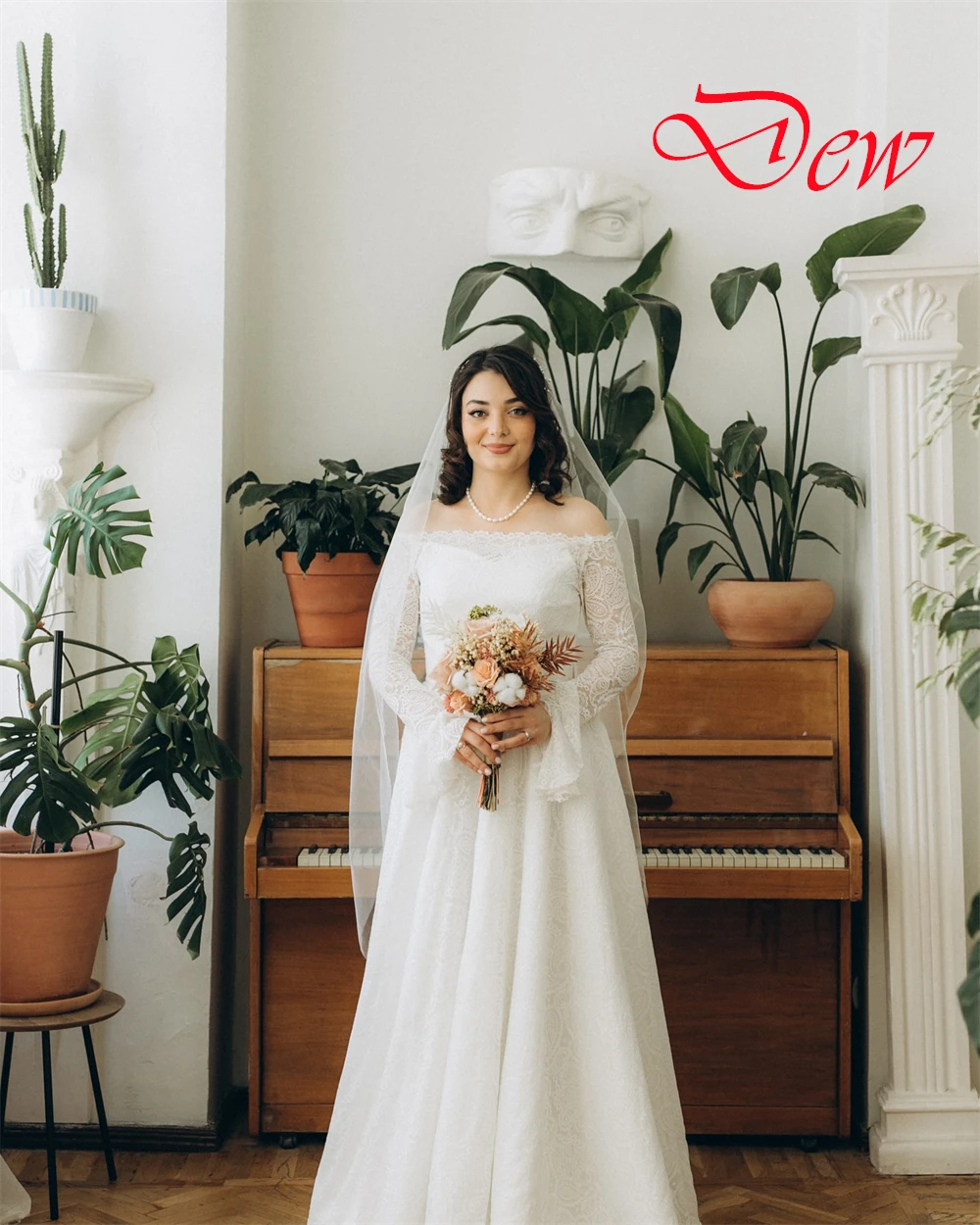 

Customized High Quality White Lace Bridal Gowns Temperament Boat Neck Long Sleeves Wedding Dress Backless Vestido De Novia