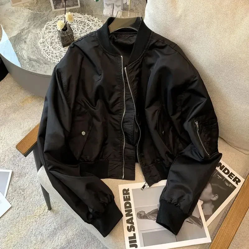 2026 Ropa Mujer Black Casual Coats Streetwear Fashion Crop Tops Vintage Zipper Flight Suit Women's Clothing Korean Jackets 7q289