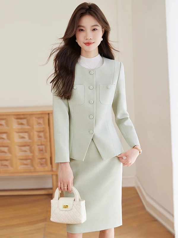 

Elegant Ladylike Professional Suit Set Women's Autumn Fashion Waist-Cinching Coat And Skirt Two-Piece Ensemble