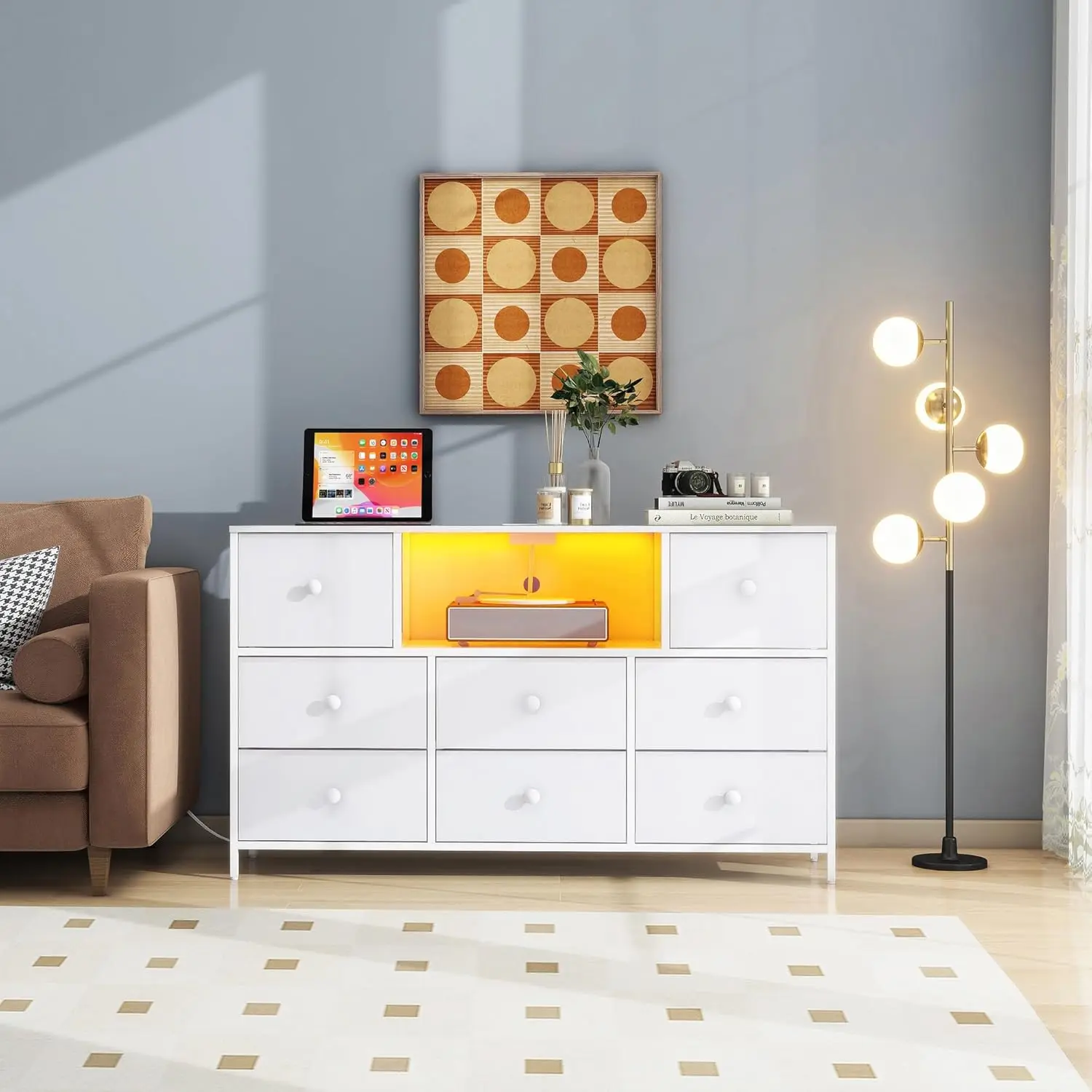 White Dresser with Power Outlets and LED Lights, Dresser TV Stand with 8 Drawers, Fabric Chest of Drawers for Bedroom, Entryway