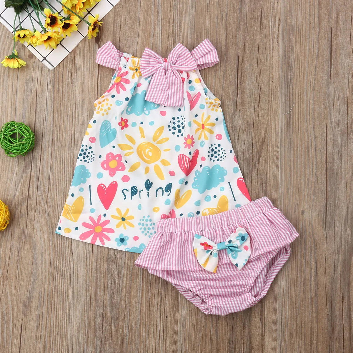 

Brand New Infant Summer 2Pcs Clothes Newborn Toddler Baby Girls Floral Outfits Cotton Tops Dress+ PP Striped Shorts Sets 0-24 M