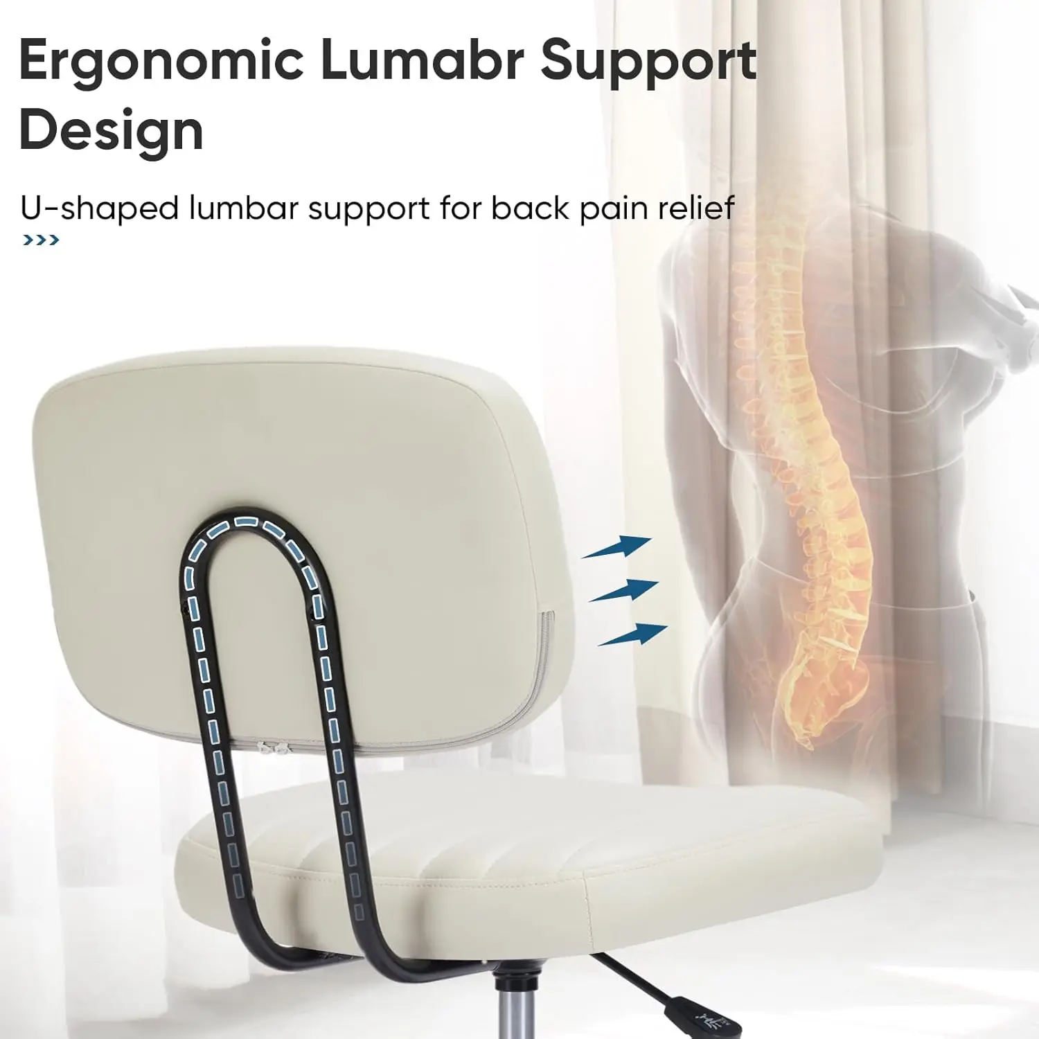 Armless Home Office Desk Chair Small Ergonomic With Low Back Lumbar Support PU Leather Computer Task 360°Swivel Rolling Wheel