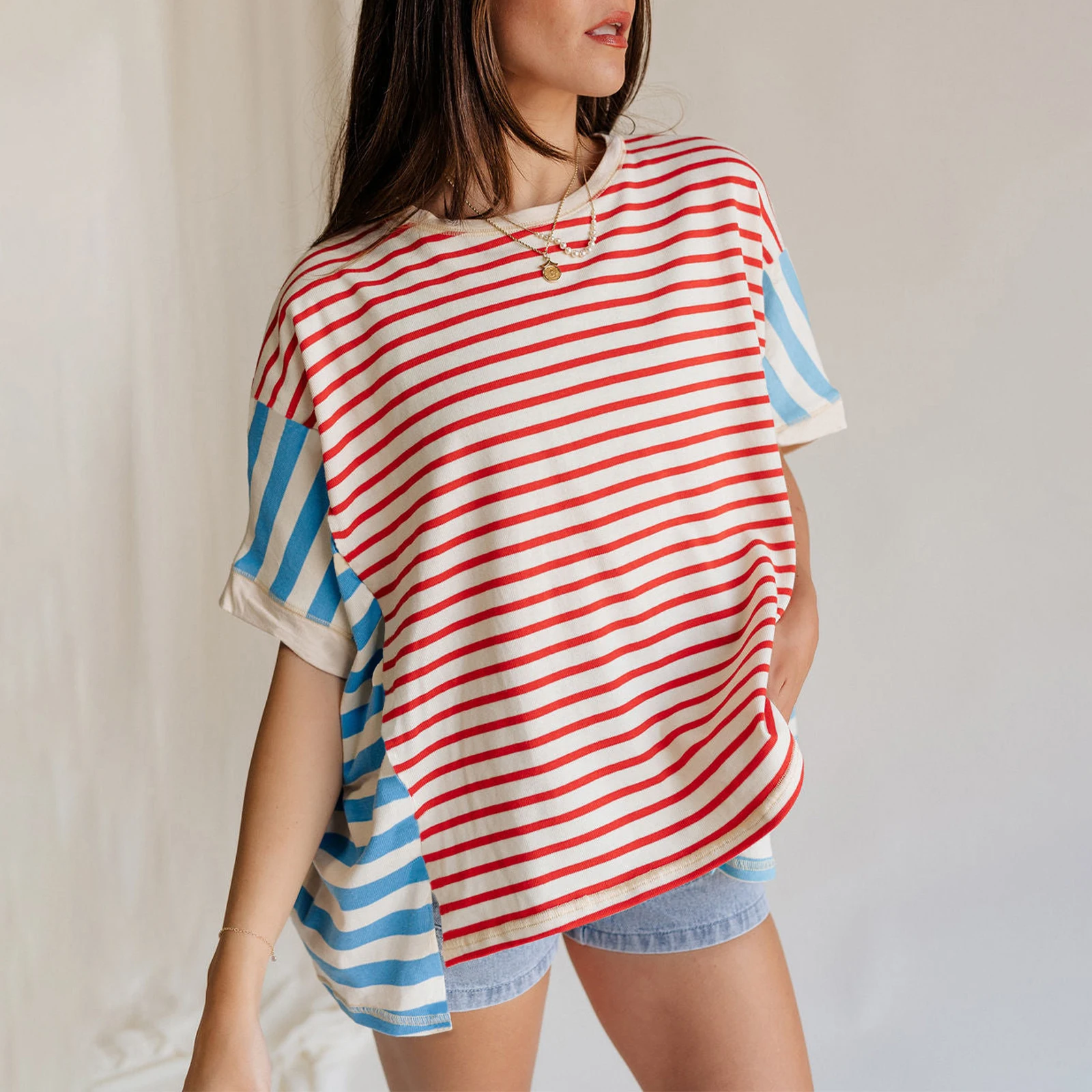 Women Stripe Colorblock Patchwork Baggy T Shirt Casual Short Sleeve Round Neck Tees Comfortable and Relaxed T-Shirts