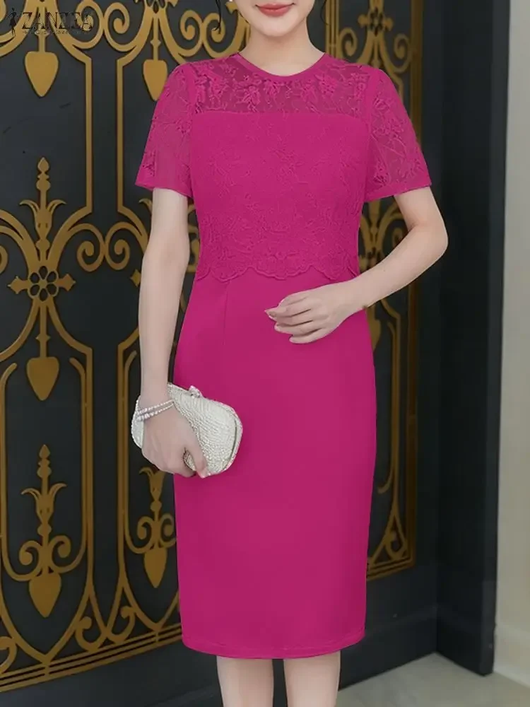 2025 Abito da festa elegante ZANZEA Donna Elegante patchwork di pizzo Abiti estivi Manica corta Slim Fit Vestito estivo Abito longuette in raso solido