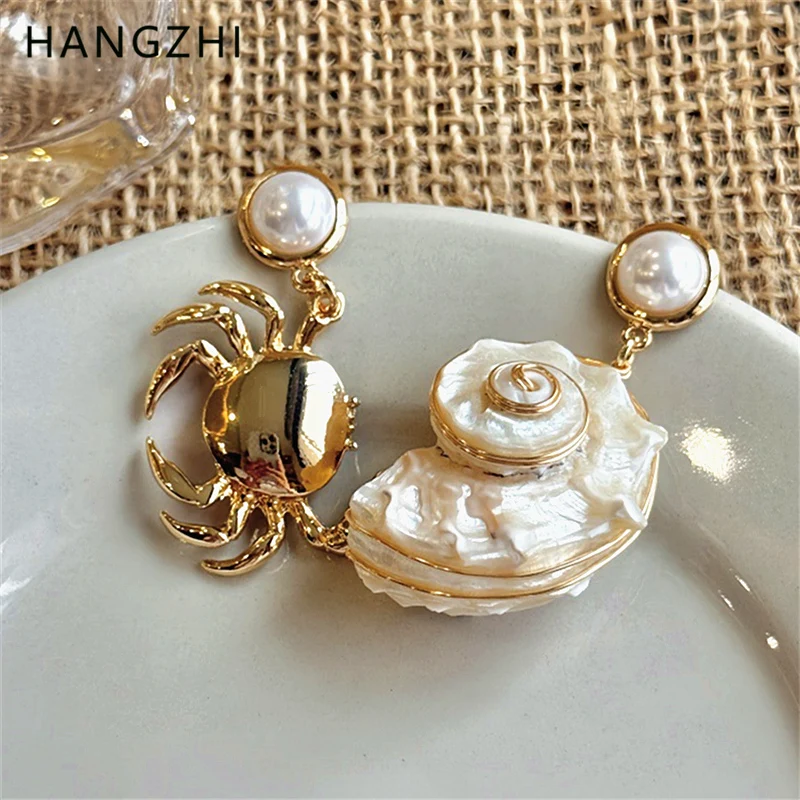 HangZhi New Shell Conch Crab Asymmetric Drop Earring Summer Beach Vacation Vintage INS Vacay Vibes Personalized Jewelry