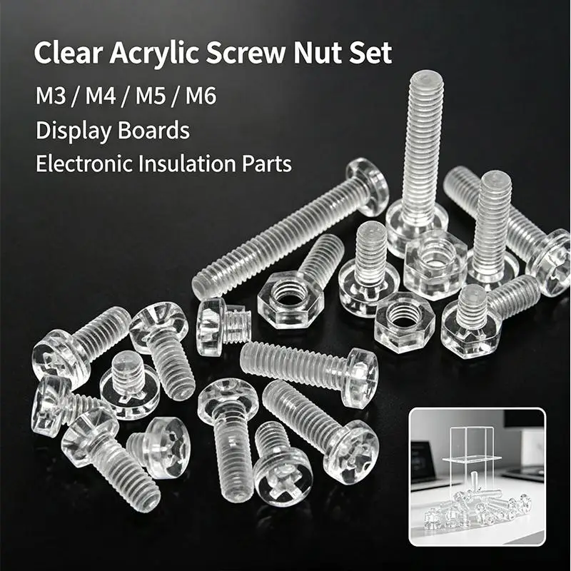 25~100set Metric acrylic transparents screws, round head Phillips screws, plastic acrylic insulated fixing Phillips screws, nuts