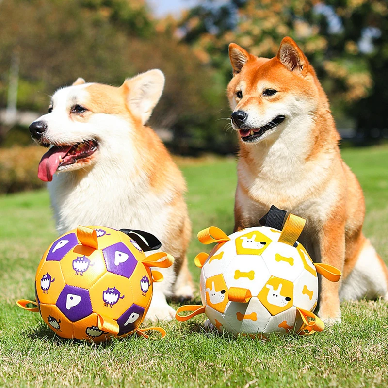 Durable PU Dog Toys Soccer Ball Cute Printed Elastic Inflatable Outdoor Training Balls for Medium Large Dogs Border Collie Labr