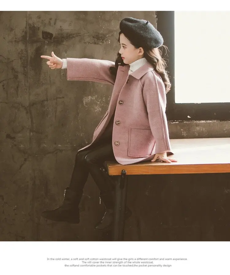 Winter Girls Warm England Style Mid-Length JacketsKids Tweed Coats Autumn  Teen Fashion Outerwear Child 5-12 Years Old
