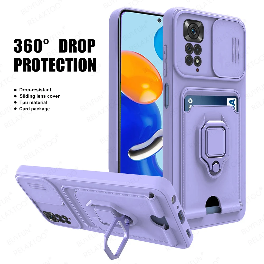 Slide Camera Protect Case For Xiaomi Redmi Note 11 Wallet Card Slot Cover For Redmi Note 11 Pro 5G 11S Magnetic Ring Stand Shell