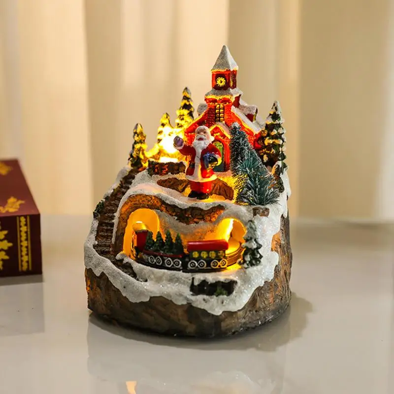 New Christmas Village Glowing Music Revolving Train Santa Snowman House Christmas Decorations for Home Crafts Xmas Kids Gifts