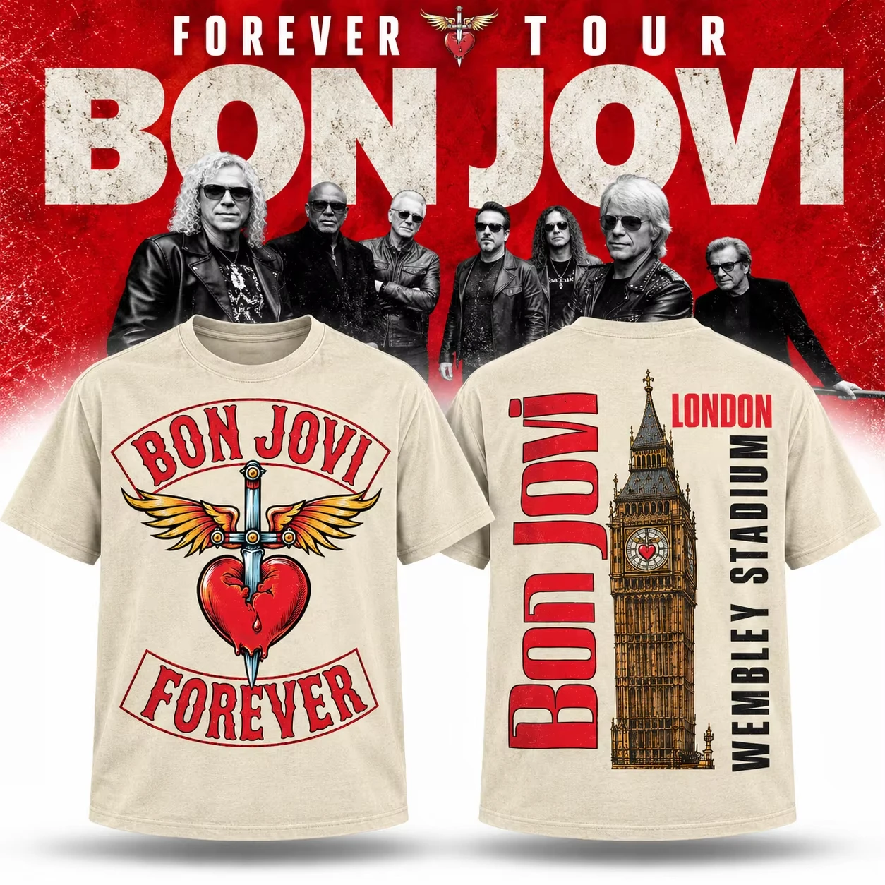 Bon Jovi Forever Tour 2026 Wembley Stadium London Double Sided Graphic T Shirt Unisex Cotton Short Sleeve Rock Band Concert Tee