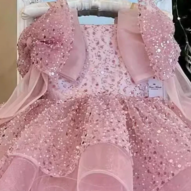 2024 Children Princess Dress Formal Occasion Clothes Matching One Year Old Costumes Baby Girls Luxury Bow Sequin Elegant Outfit