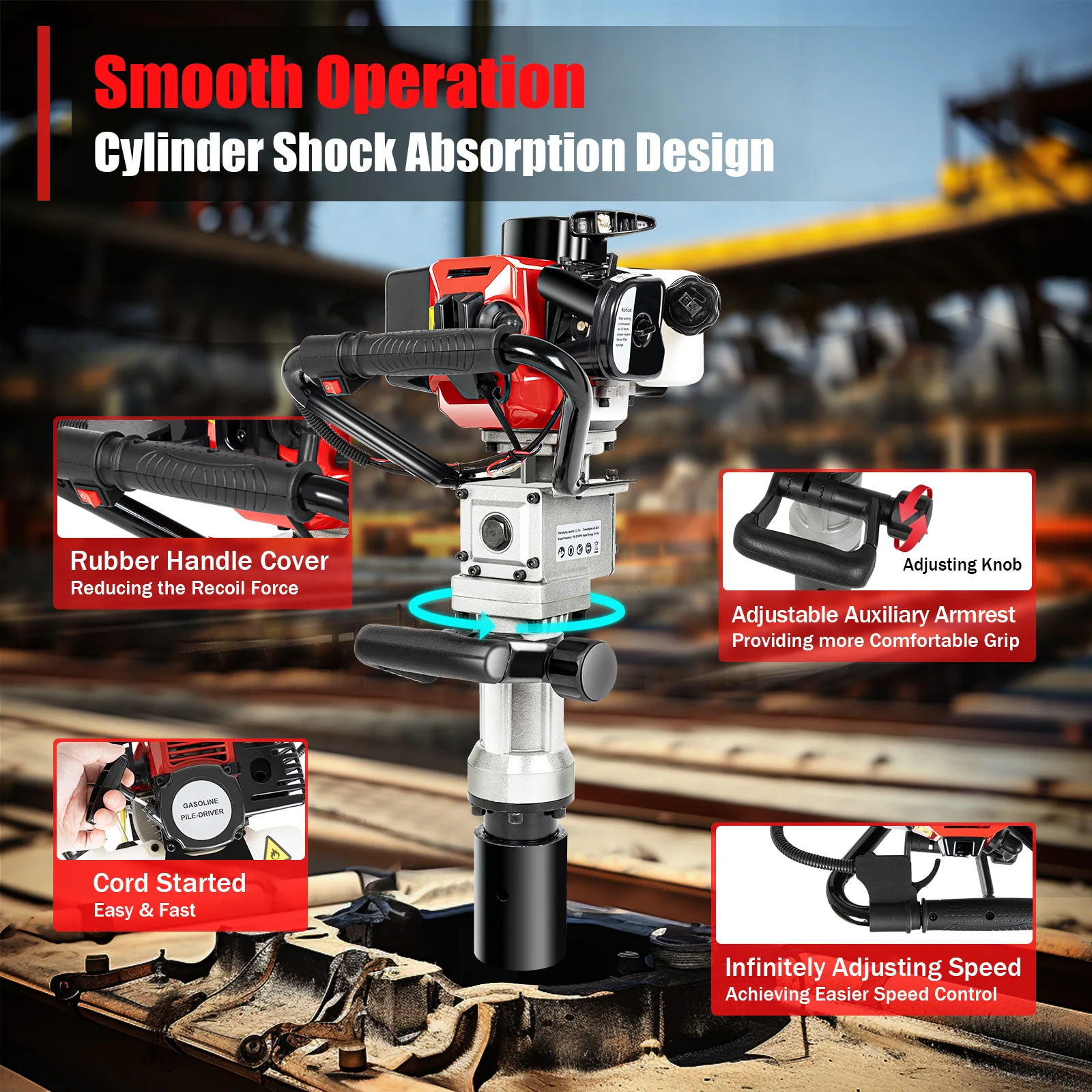 Powered T Fence Post Driver, Portable Farm Piling Driver Single Cylinder Gasoline Push Tool Machine for Fence Posts Stakes Pipe