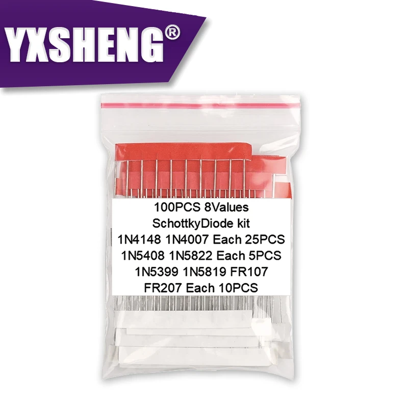 100PCS 8Values Diode Assorted Kit1N4148 1N4007 1N5819 1N5399 1N5408 1N5822 FR107 FR207 Electronic Components Package