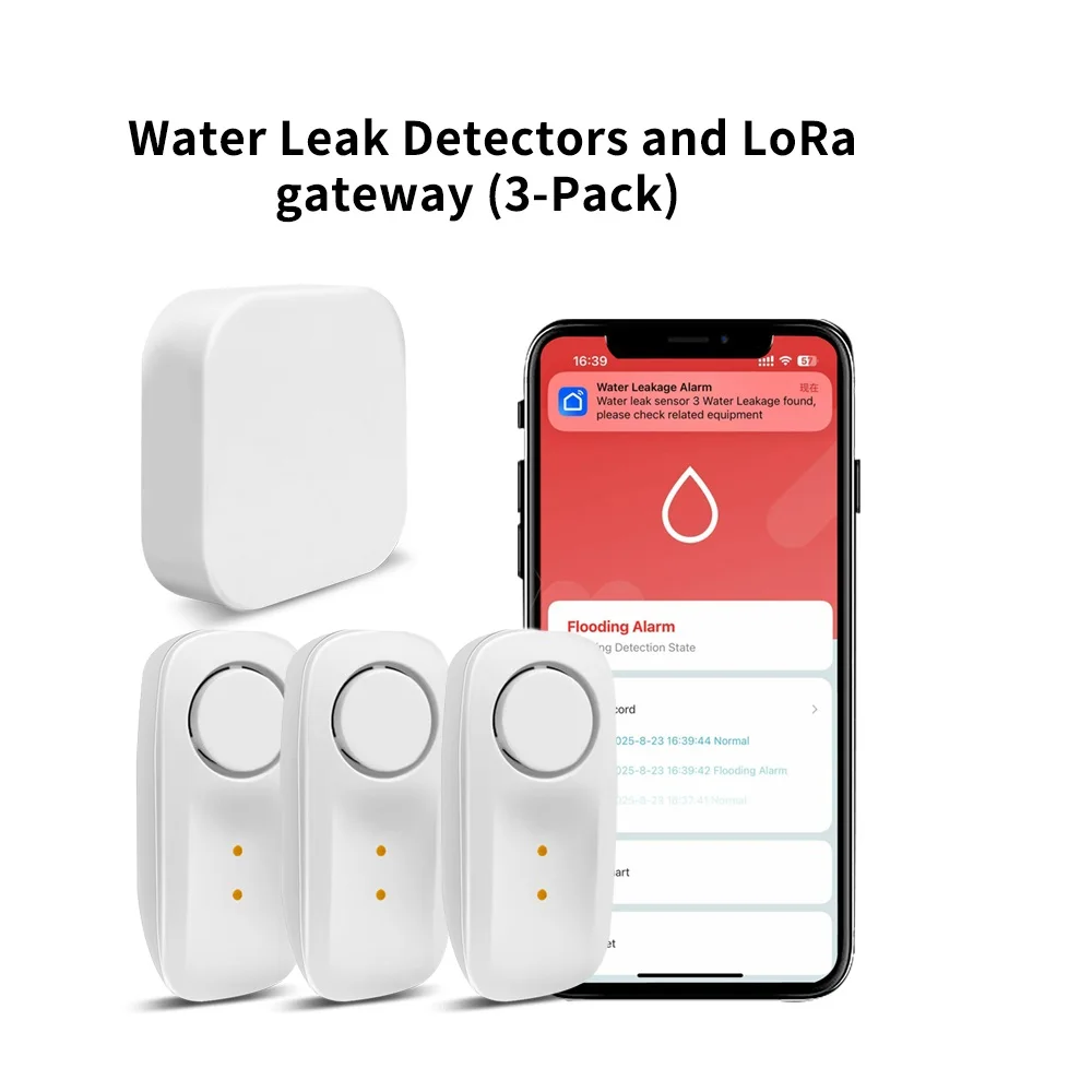 

Water Leak Detectors and LoRa gateway (3-Pack) 2000ft/600m Range Water Alarm Leak Detector 110dB Siren Instant App Alerts