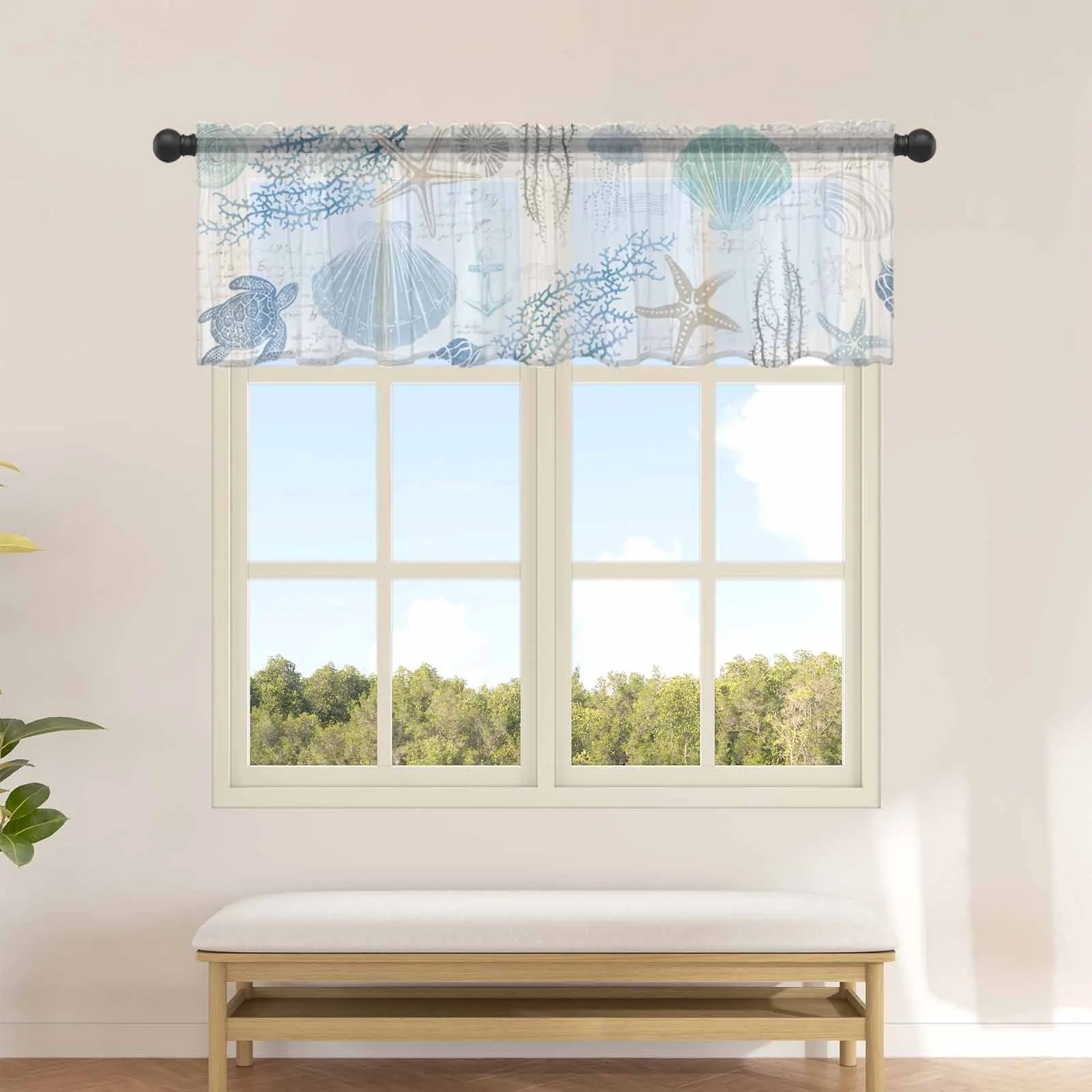 Marine Coral Shell Turtle Jellyfish Ship Rudder Blue Kitchen Small Window Curtain Sheer Short Curtain Living Room Voile Drapes