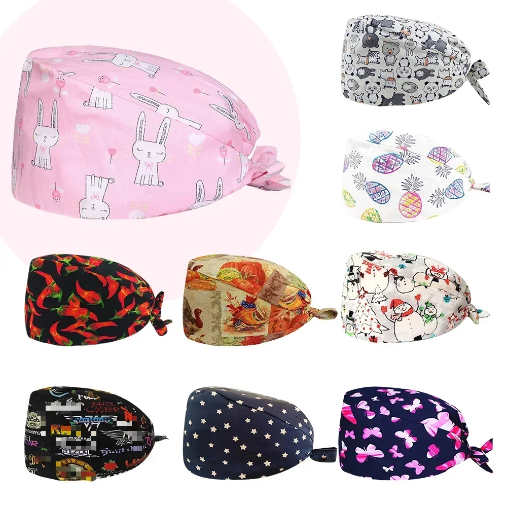 Gorros de algodón con estampado de alta calidad, gorro ajustable para enfermería, sala de operaciones, enfermera, médico, trabajo de limpieza, gorros de fregado