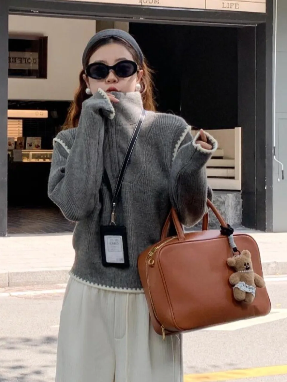 

Zipper f High Collar Sweater Women's Autumn Winter Small Size Loose Lazy Sle Design Sense Splicing ey Base Knitted irt