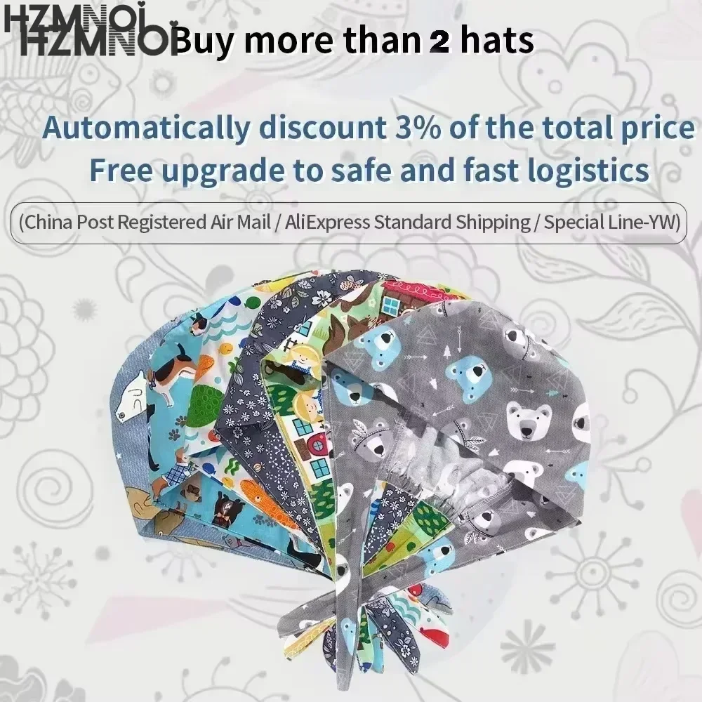 الكرتون الجراحية فرك قبعة القطن الخالص سبا صالون تجميل الشيف نظيفة قبعة العمل المطبوعة عيادة الأسنان قبعات قبعات الجراحة النسائية