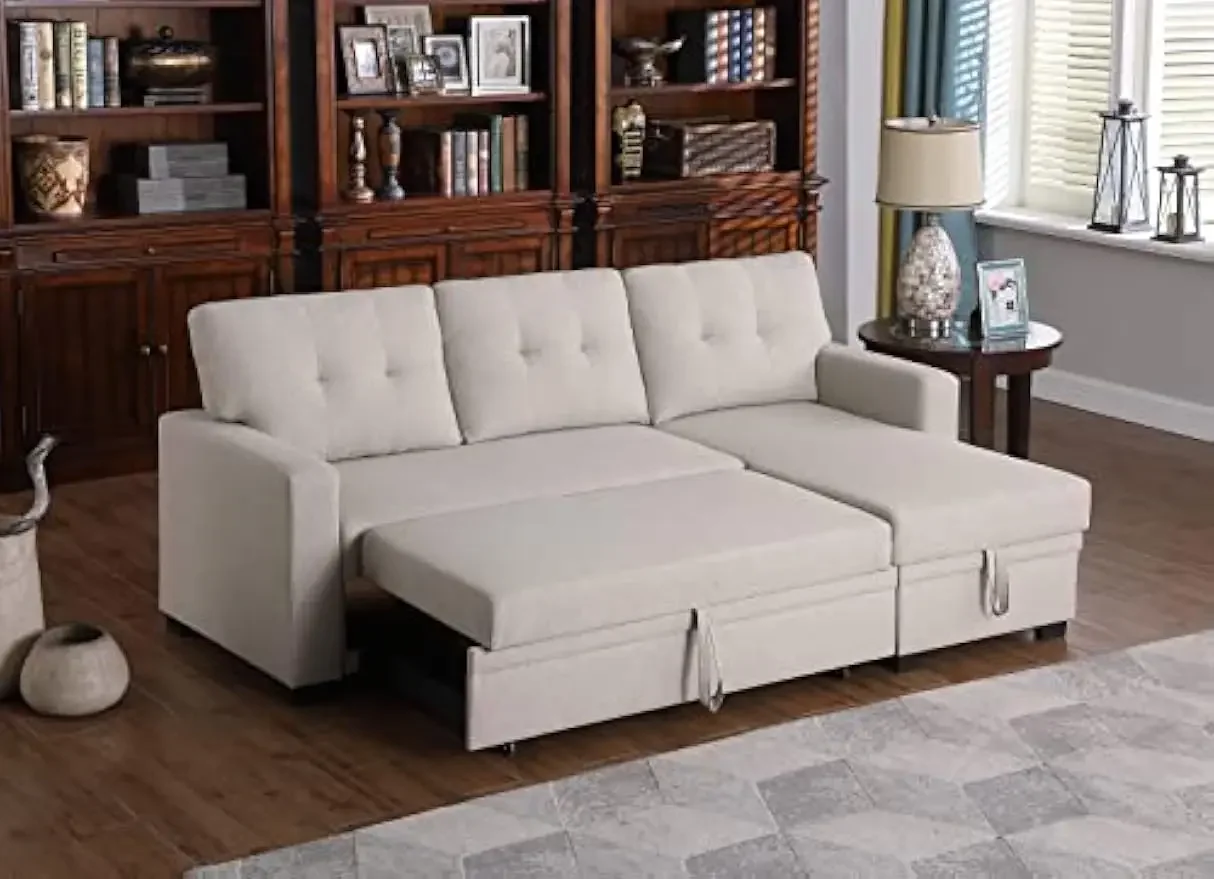 

Living Room L-Shape Convertible Linen Upholstered Reversible Corner 3-Seaters Couch with Storage Chaise and Pull-Out Bed