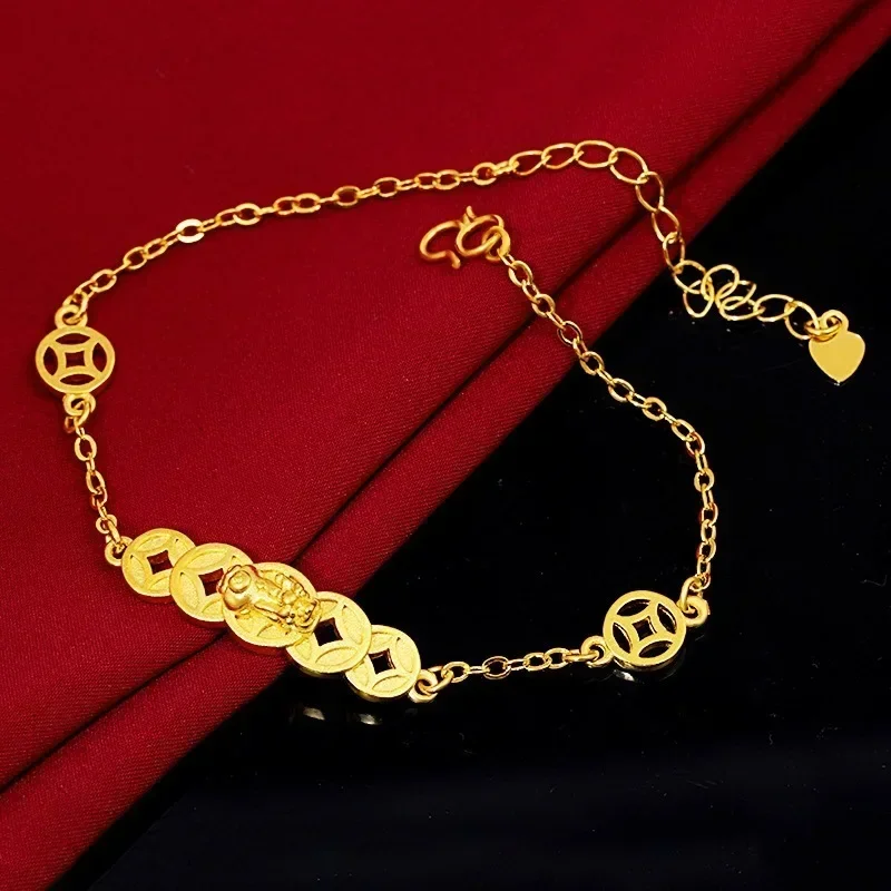 Eldorado Gold  2025 Lover's giftWomen's 24K Gold Bracelet | Double Pixiu guarding coins, cloud - engraved chain, aged finish, cl