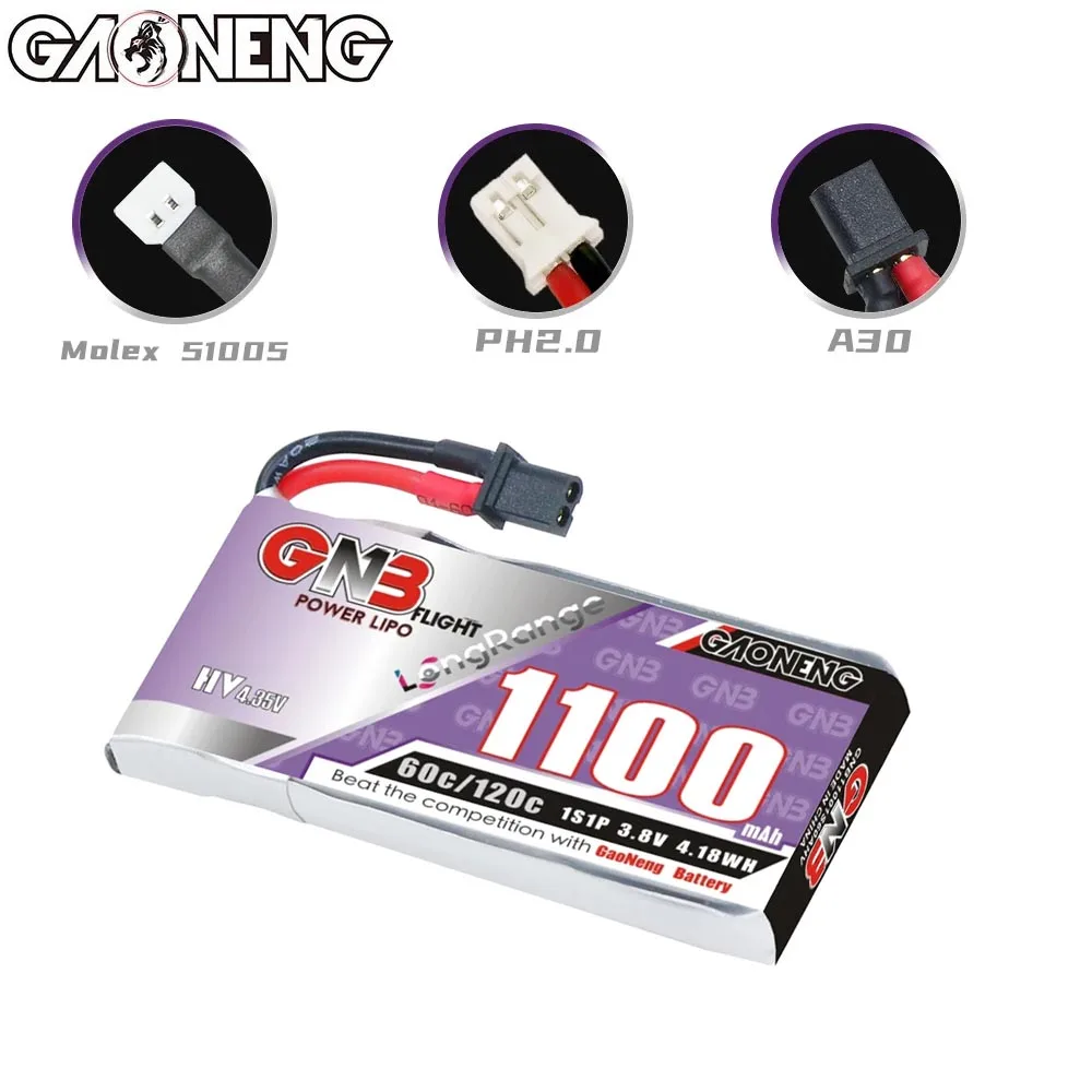 GAONENG 1100mAh 1S 60C 120C 3.8V Cabled A30 PH2.0 Molex 51005 LiPo Battery for Airplane Racing FPV Brushless Drones Micro Whoops