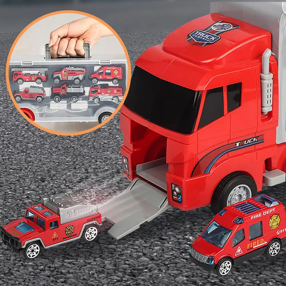 

Big Truck With Storage Box Construction Container Transporter With 6PCS Mini Vehicle Carrier Car Model Toys For Kids Gifts M4E8