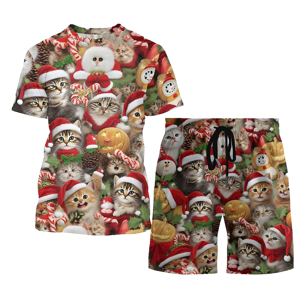 

Men T-shirt Shorts Set Christmas Cat Party Pattern Fashionable Tops Aesthetic 3D Print Summer Casual Tee Hawaiian T Shirt Shorts