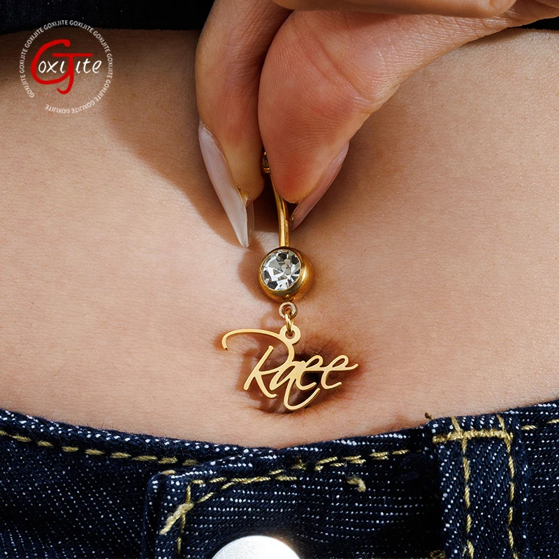 Goxijite Custom Circular Hollow Letter Shiny Belly Button Ring  For Women Stainless Steel Customized Date Body Jewelry Gifts