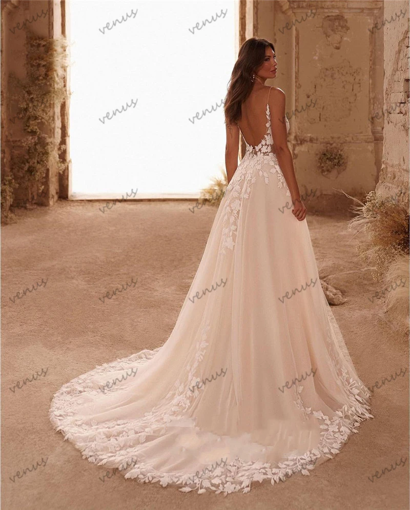 Vestidos de casamento requintados a linha tule em camadas vestidos de noiva rendas apliques cintas de espaguete robes de novia personalizado