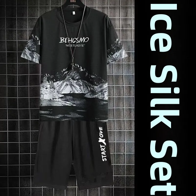 

Ice Silk ort Sve Baskeall Sportswear Set for Men Summer Thin Youth Casual Faion T-irt And orts Two-Piece Suit