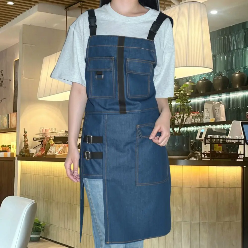 Waterproof Apron Canvas Denim Kitchen Bib Chef Serving Cleaning Workwear With Split Hem Multi Pockets For Barista Cooking
