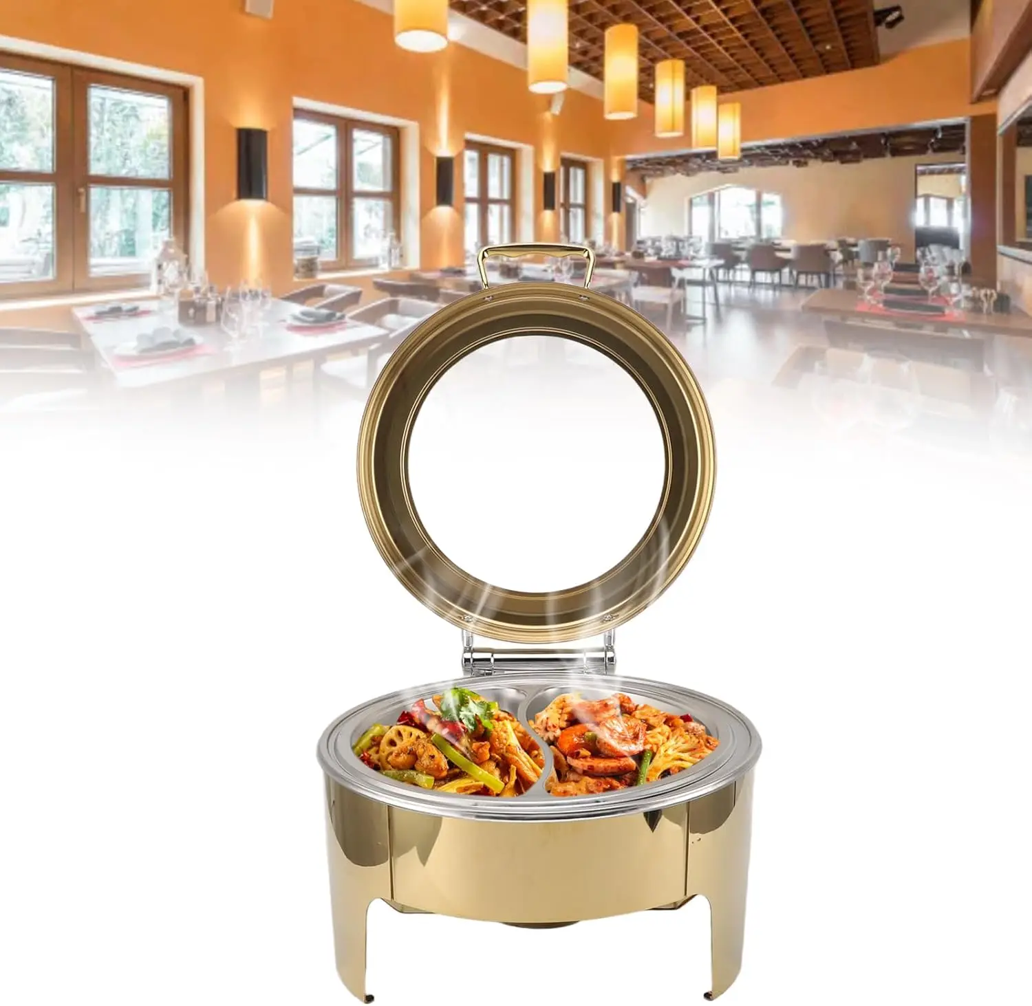 Gold 6L Stainless Steel Round Big Glass Window Royal Modern Luxury Chafing Dish Buffet Warmer & Server Alcohol Fuelled
