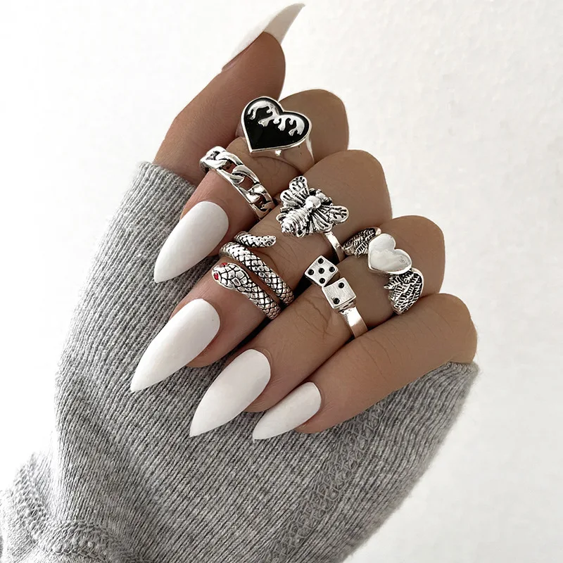 Vintage Punk Metal Multi Element Ring Set For Women Men Antique Silver Color Butterfly Snake Skull Finger Rings Gothic Jewelry