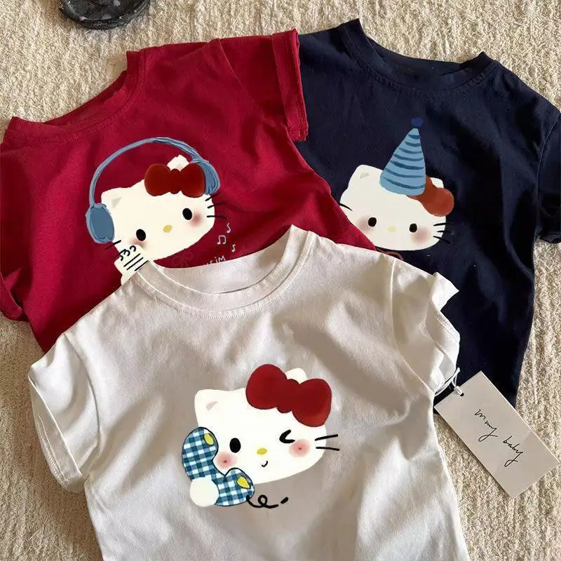 

Sanrio Summer Baby Girls Clothes Children Hello Kitty Printed Short Sleeve T-shirts Kid Cotton Cartoon Breathable Soft Top