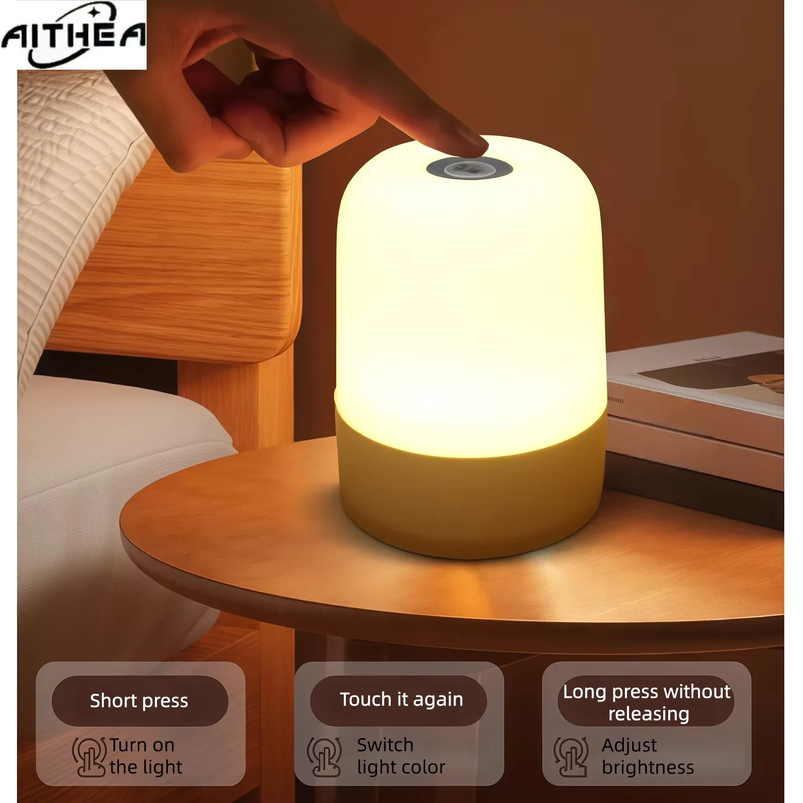 AITHEA Touch Control LED Night Light Rechargeable Dimmable 3-Color Bedside Lamp for Bedroom Home Decor Kids Christmas Gift