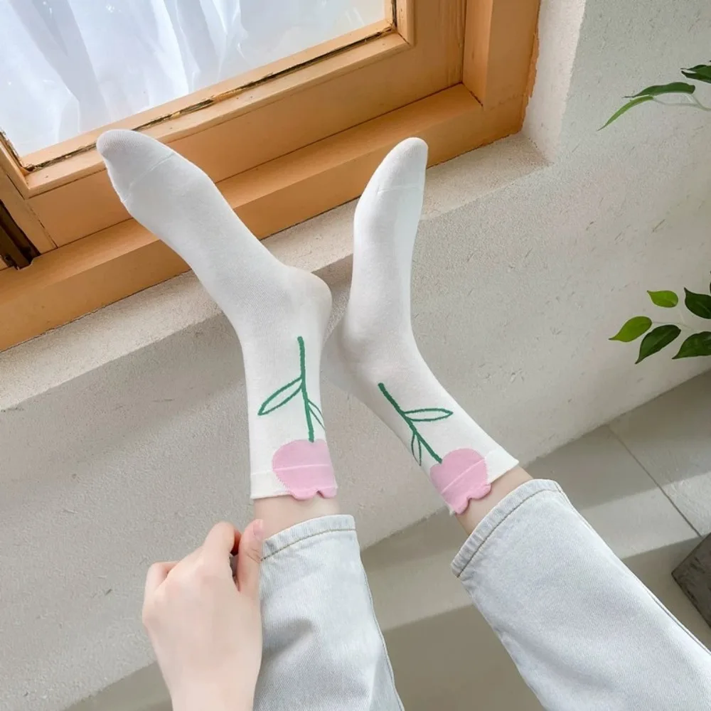 Cartoon Flower Women Socks Ins 3D Flower Cotton Mid Tube Socks Breathable Candy Color Tulip Socks Ladies