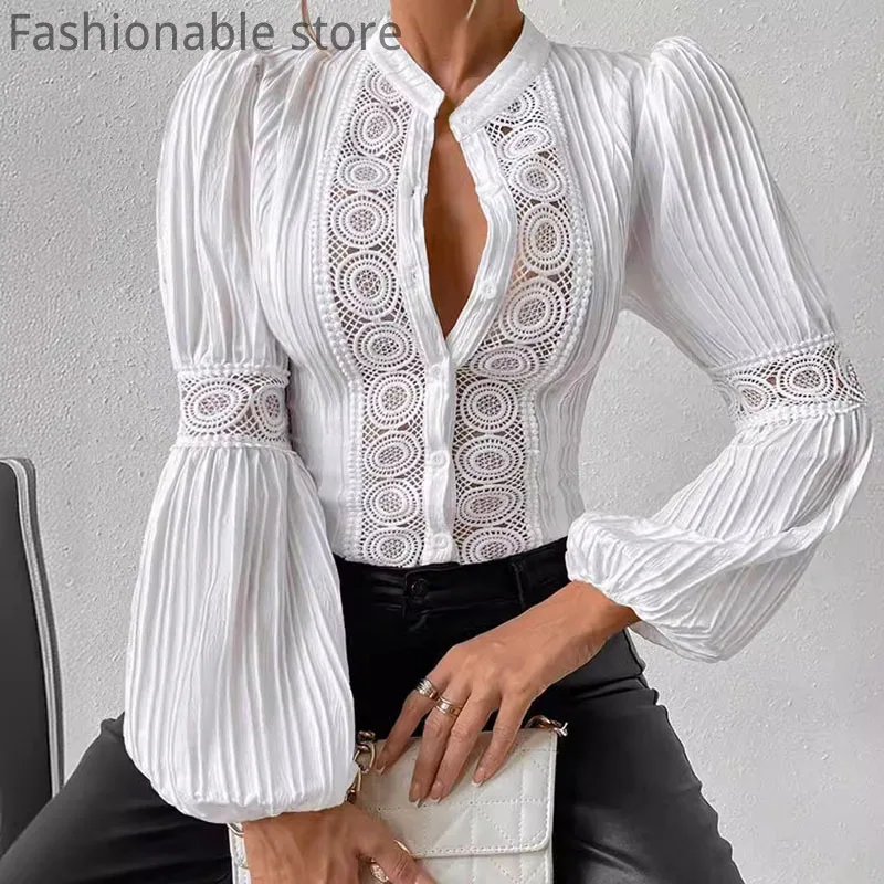 Women Casual Solid Color Lantern Sleeve Hollow Out Lace Patchwork Shirt Blouse