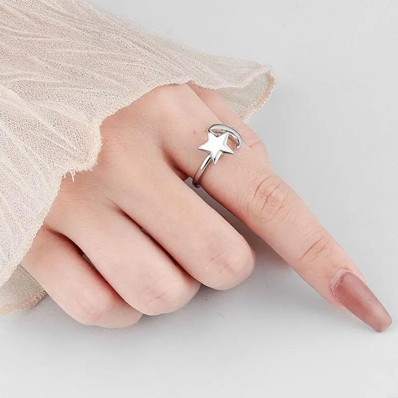 195C Gold Silver Korean Fashion Personality Jewelry Creative Running Bead Ring Star Moon Spinning Ring Women's Simple Rin